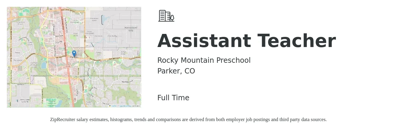 Rocky Mountain Preschool job posting for a Assistant Teacher in Parker, CO with a salary of $18 Hourly with a map of Parker location.