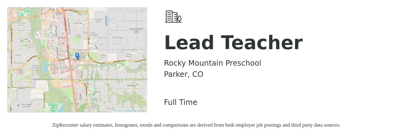 Rocky Mountain Preschool job posting for a Lead Teacher in Parker, CO with a salary of $21 to $24 Hourly with a map of Parker location.