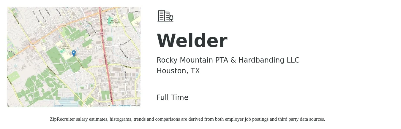 Rocky Mountain PTA & Hardbanding LLC job posting for a Welder in Houston, TX with a salary of $2,000 to $9,000 Monthly and benefits including pto with a map of Houston location.