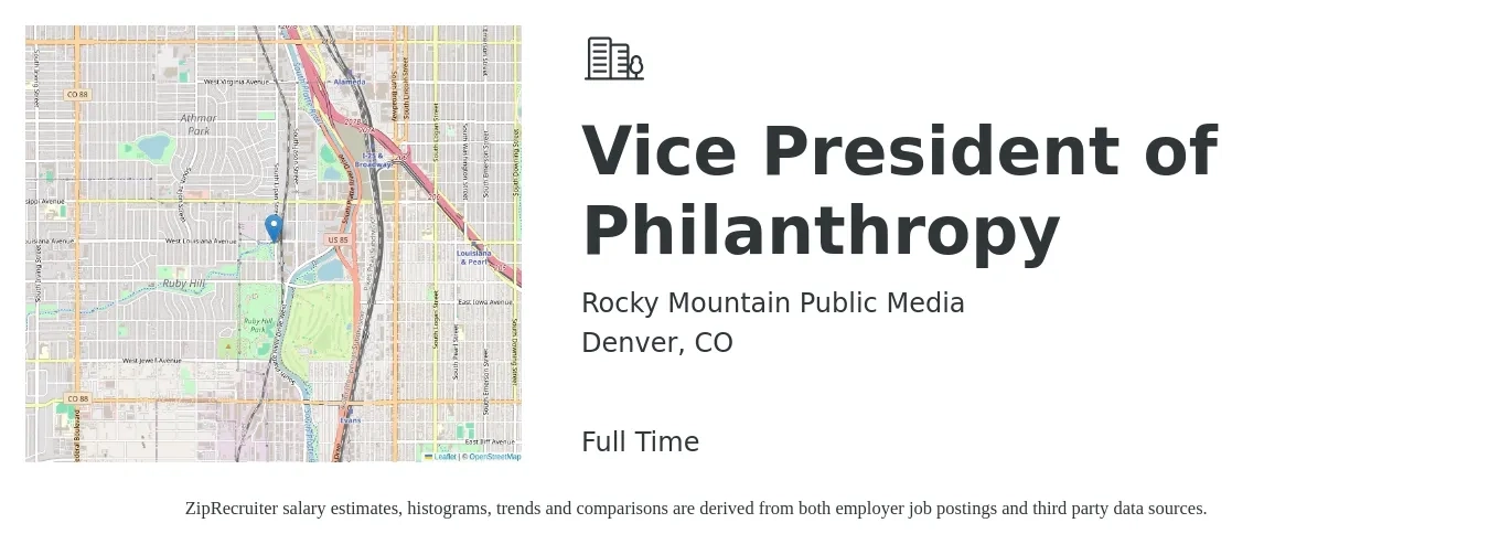 Rocky Mountain Public Media job posting for a Vice President of Philanthropy in Denver, CO with a salary of $130,000 to $140,000 Yearly with a map of Denver location.