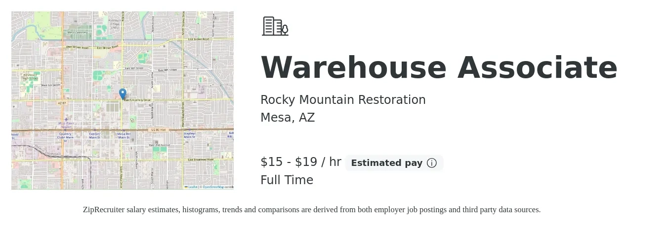 Rocky Mountain Restoration job posting for a Warehouse Associate in Mesa, AZ with a salary of $16 to $20 Hourly with a map of Mesa location.