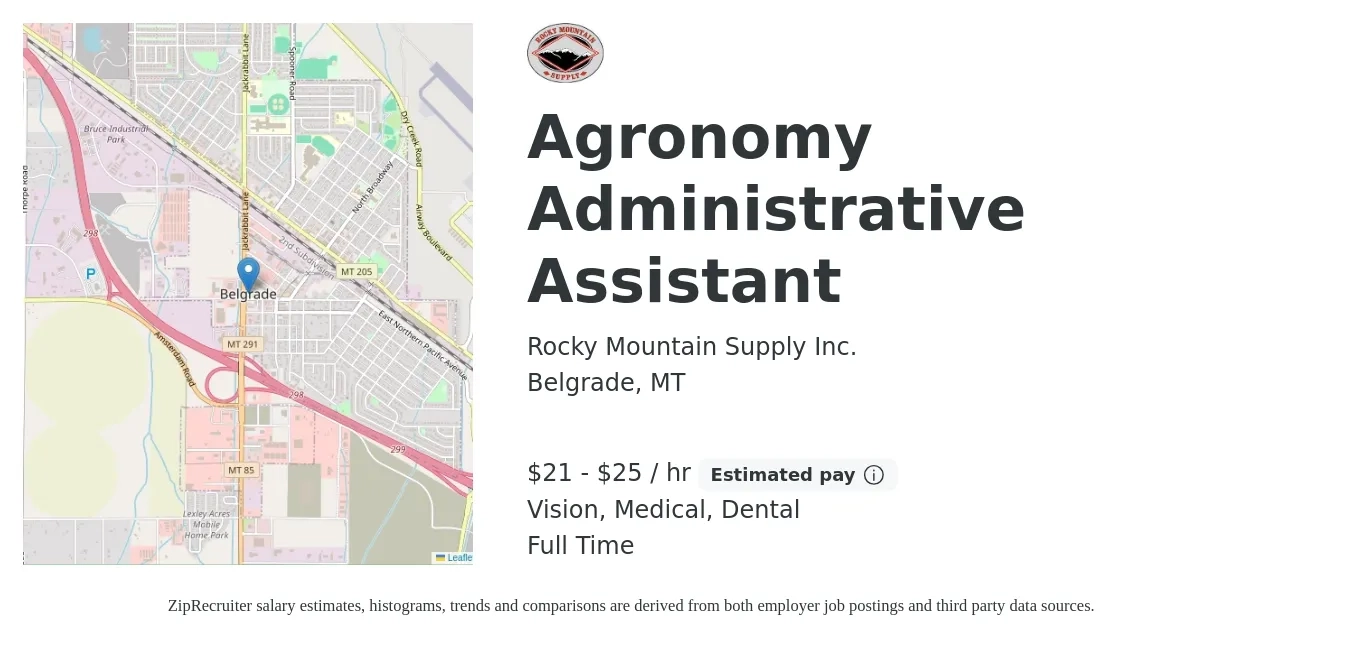 Rocky Mountain Supply Inc. job posting for a Agronomy Administrative Assistant in Belgrade, MT with a salary of $22 to $26 Hourly and benefits including life_insurance, medical, pto, retirement, vision, and dental with a map of Belgrade location.
