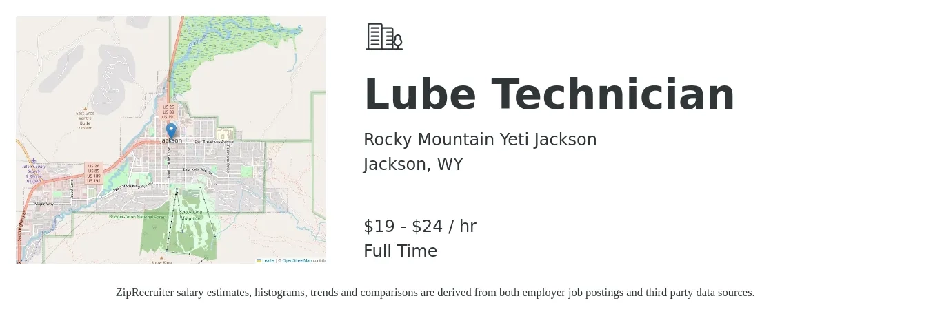 Rocky Mountain Yeti Jackson job posting for a Lube Technician in Jackson, WY with a salary of $20 to $25 Hourly with a map of Jackson location.