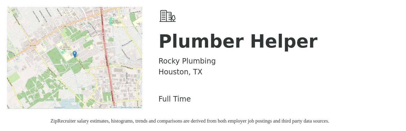 Rocky Plumbing job posting for a Plumber Helper in Houston, TX with a salary of $16 to $20 Hourly with a map of Houston location.