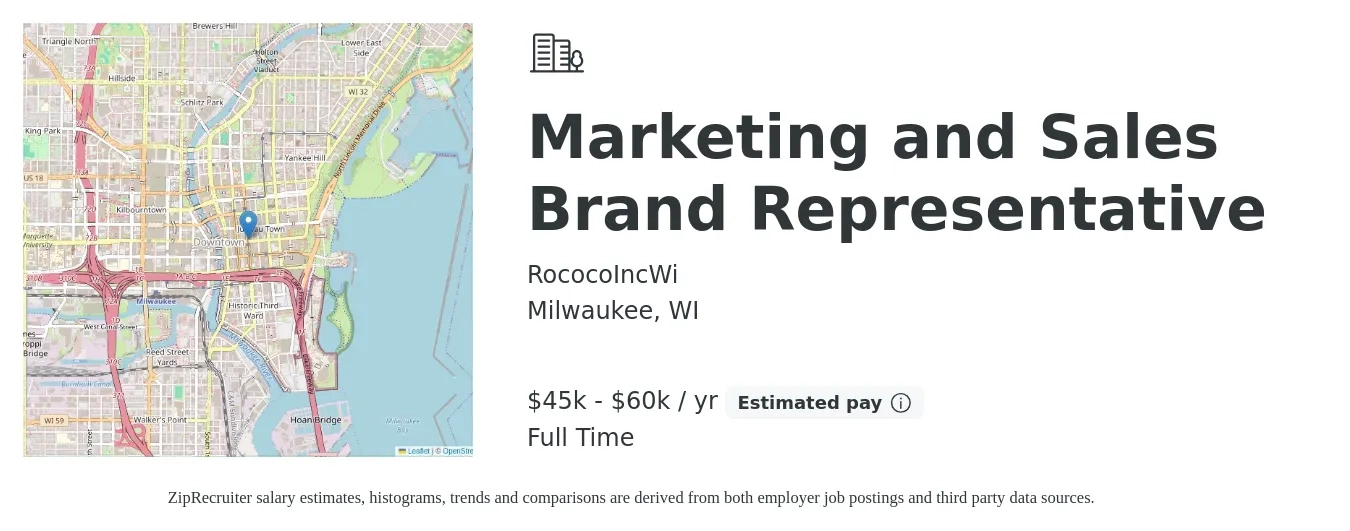 RococoIncWi job posting for a Marketing and Sales Brand Representative in Milwaukee, WI with a salary of $45,000 to $60,000 Yearly with a map of Milwaukee location.