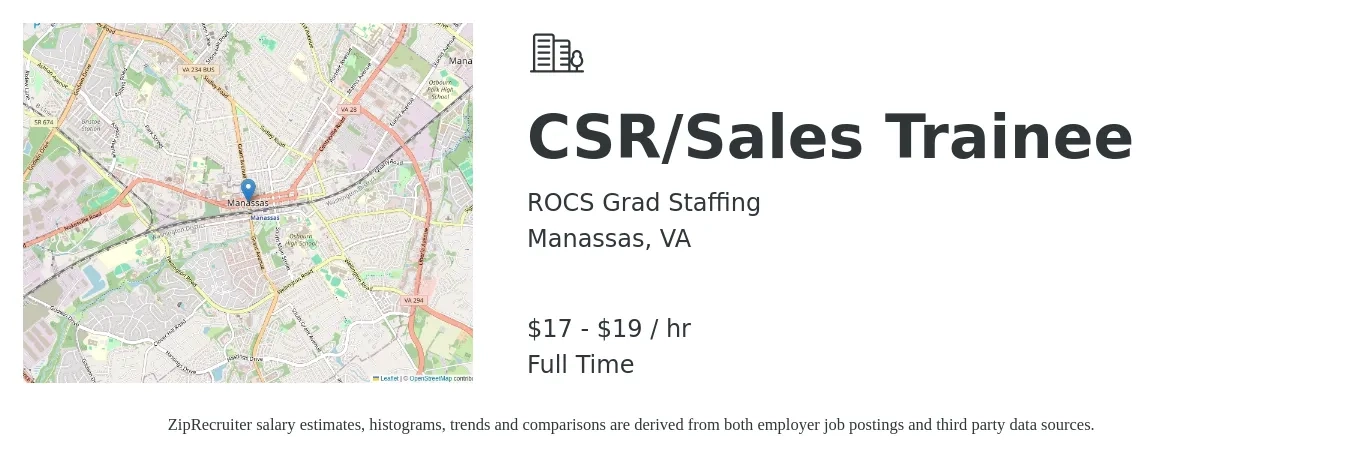 ROCS Grad Staffing job posting for a CSR/Sales Trainee in Manassas, VA with a salary of $18 to $20 Hourly with a map of Manassas location.
