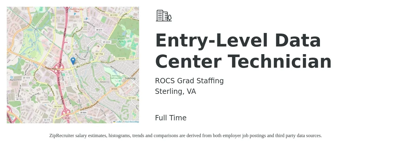 ROCS Grad Staffing job posting for a Entry-Level Data Center Technician in Sterling, VA with a salary of $17 to $22 Hourly with a map of Sterling location.
