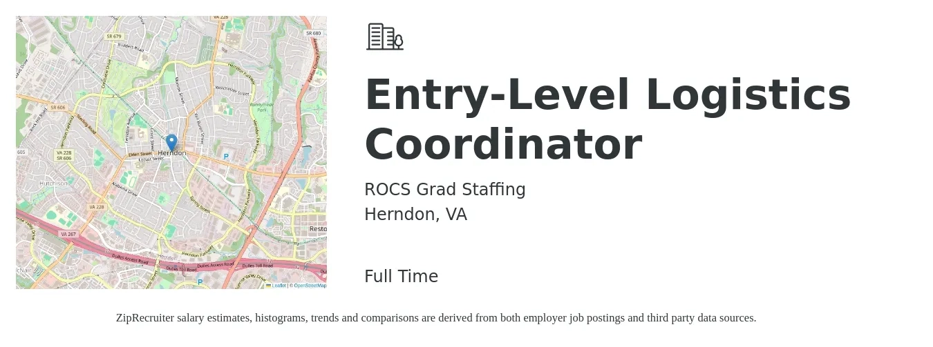 ROCS Grad Staffing job posting for a Entry-Level Logistics Coordinator in Herndon, VA with a salary of $20 to $27 Hourly with a map of Herndon location.