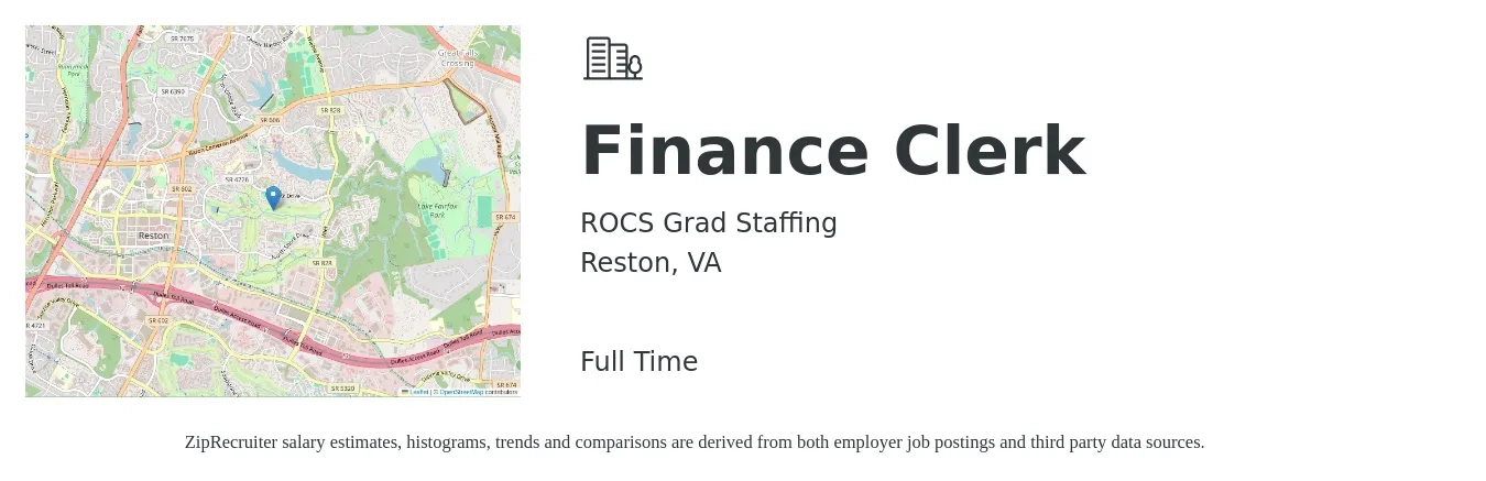ROCS Grad Staffing job posting for a Finance Clerk in Reston, VA with a salary of $18 to $25 Hourly with a map of Reston location.