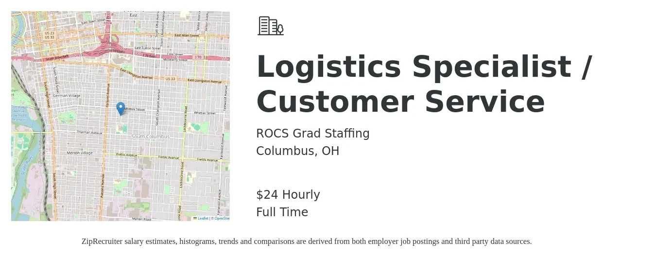 ROCS Grad Staffing job posting for a Logistics Specialist / Customer Service in Columbus, OH with a salary of $25 Hourly with a map of Columbus location.
