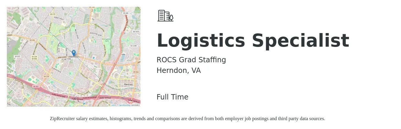 ROCS Grad Staffing job posting for a Logistics Specialist in Herndon, VA with a salary of $21 to $31 Hourly with a map of Herndon location.