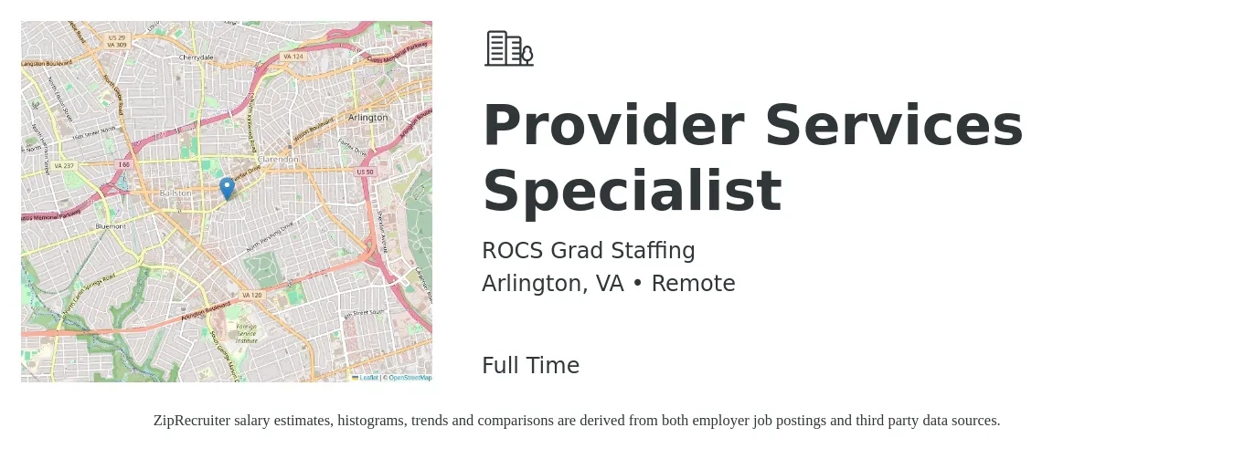 ROCS Grad Staffing job posting for a Provider Services Specialist in Arlington, VA with a salary of $54,600 to $97,200 Yearly with a map of Arlington location.