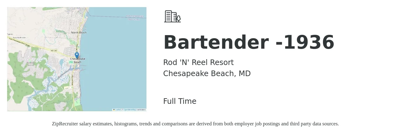 Rod 'N' Reel Resort job posting for a Bartender -1936 in Chesapeake Beach, MD with a salary of $10 to $18 Hourly with a map of Chesapeake Beach location.