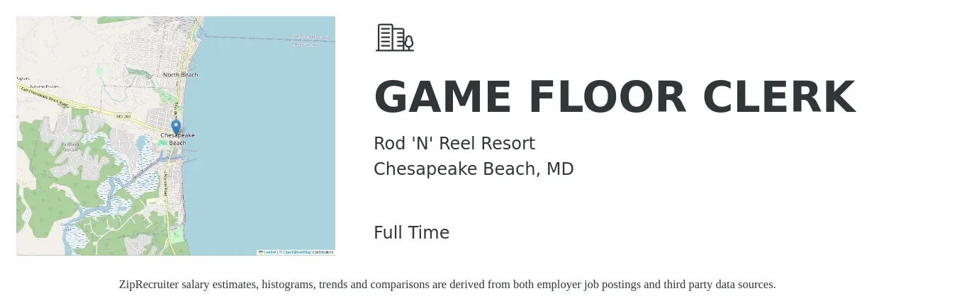 Rod 'N' Reel Resort job posting for a GAME FLOOR CLERK in Chesapeake Beach, MD with a salary of $14 to $16 Hourly with a map of Chesapeake Beach location.