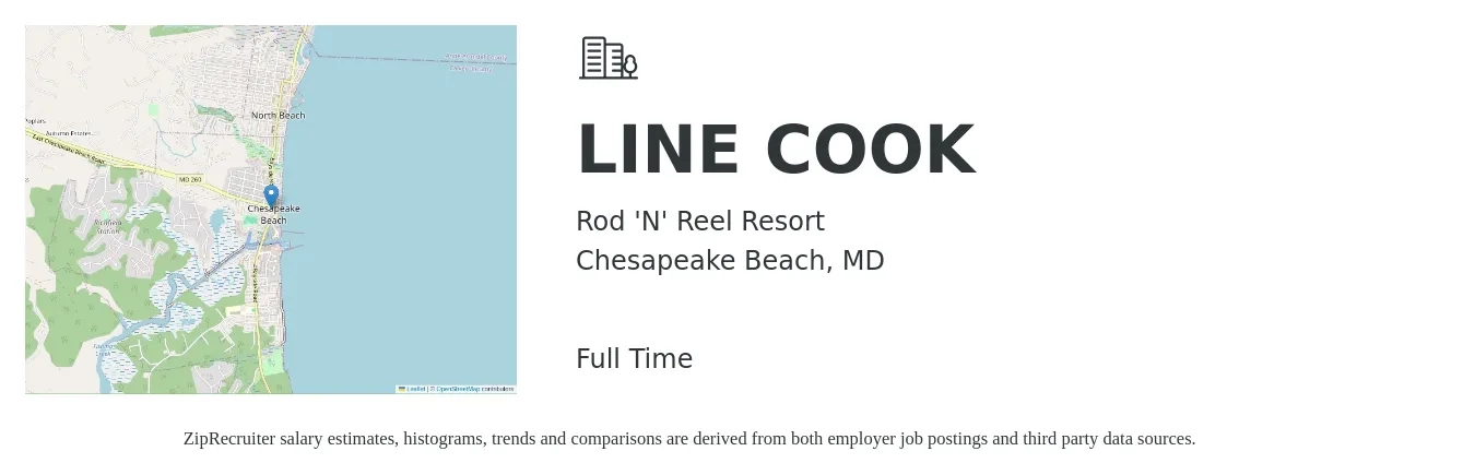 Rod 'N' Reel Resort job posting for a LINE COOK in Chesapeake Beach, MD with a salary of $15 to $19 Hourly with a map of Chesapeake Beach location.