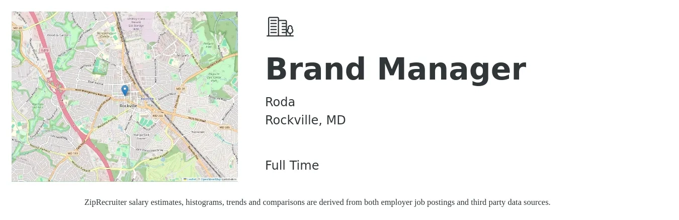 Roda job posting for a Brand Manager in Rockville, MD with a salary of $56,600 to $111,100 Yearly with a map of Rockville location.