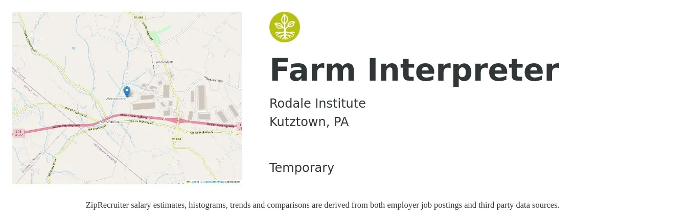 Rodale Institute job posting for a Farm Interpreter in Kutztown, PA with a salary of $21 to $28 Hourly with a map of Kutztown location.