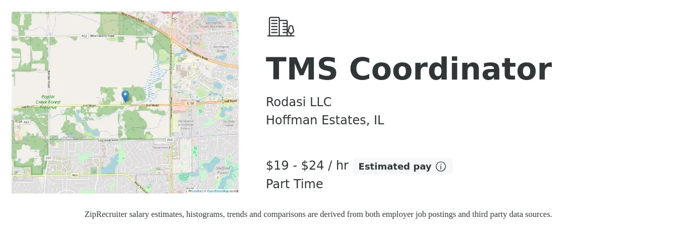 Rodasi LLC job posting for a TMS Coordinator in Hoffman Estates, IL with a salary of $20 to $25 Hourly with a map of Hoffman Estates location.