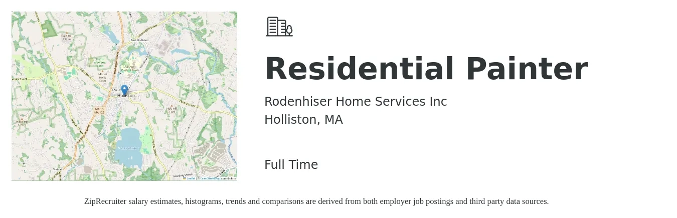 Rodenhiser Home Services Inc job posting for a Residential Painter in Holliston, MA with a salary of $50,000 to $70,000 Yearly with a map of Holliston location.