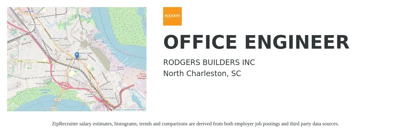RODGERS BUILDERS INC job posting for a OFFICE ENGINEER in North Charleston, SC with a salary of $74,400 to $104,900 Yearly with a map of North Charleston location.