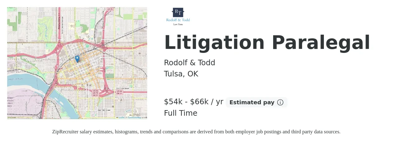 Rodolf & Todd job posting for a Litigation Paralegal in Tulsa, OK with a salary of $54,000 to $66,000 Yearly with a map of Tulsa location.