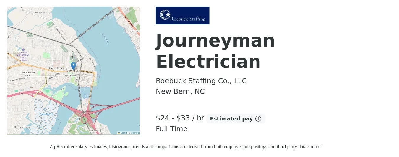 Roebuck Staffing Co., LLC job posting for a Journeyman Electrician in New Bern, NC with a salary of $25 to $35 Hourly with a map of New Bern location.