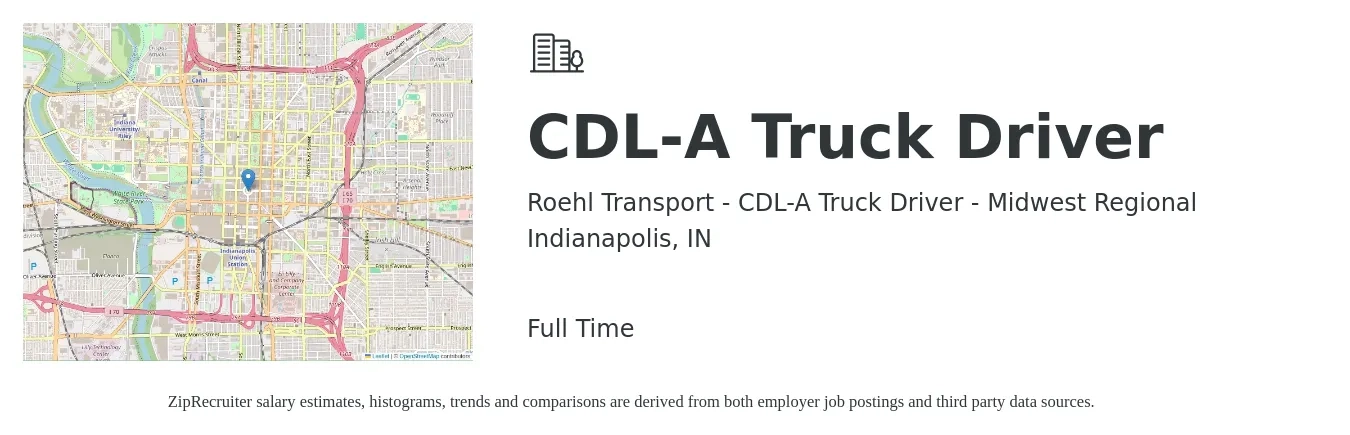 Roehl Transport - CDL-A Truck Driver - Midwest Regional job posting for a CDL-A Truck Driver in Indianapolis, IN with a salary of $1,140 Weekly with a map of Indianapolis location.