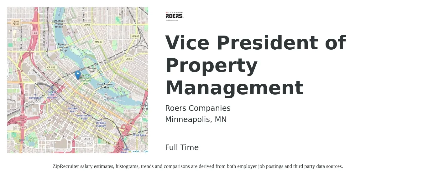 Roers Companies LLC job posting for a Vice President of Property Management in Minneapolis, MN with a salary of $120,000 to $198,300 Yearly with a map of Minneapolis location.