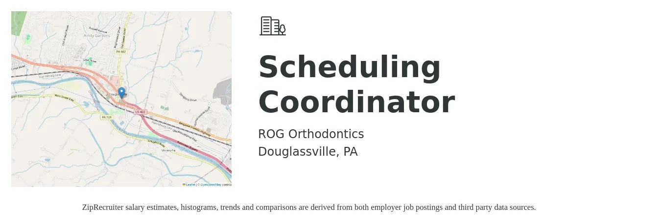 ROG Orthodontics job posting for a Scheduling Coordinator in Douglassville, PA with a salary of $17 to $21 Hourly with a map of Douglassville location.