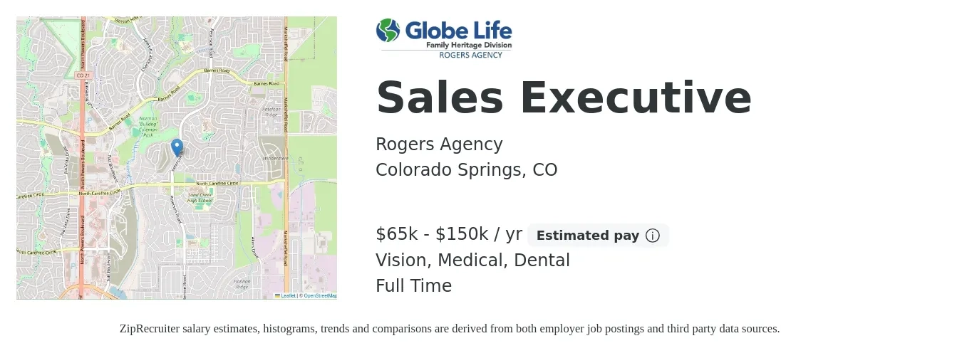 Rogers Agency job posting for a Sales Executive in Colorado Springs, CO with a salary of $65,000 to $150,000 Yearly and benefits including dental, medical, and vision with a map of Colorado Springs location.