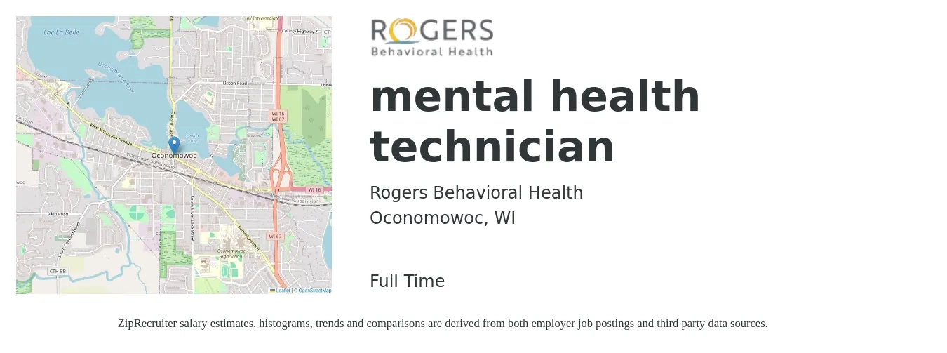 Rogers Behavioral Health job posting for a Mental Health Technician in Oconomowoc, WI with a salary of $17 to $23 Hourly and benefits including medical, pto, retirement, vision, dental, and life_insurance with a map of Oconomowoc location.