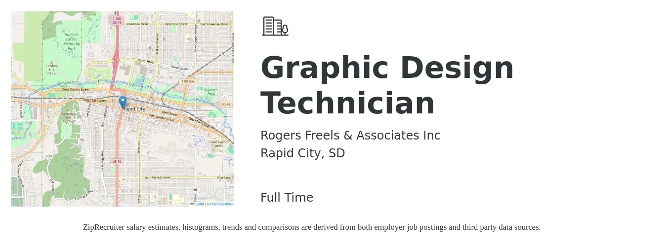 Rogers Freels & Associates Inc job posting for a Graphic Design Technician in Rapid City, SD with a salary of $17 to $27 Hourly with a map of Rapid City location.
