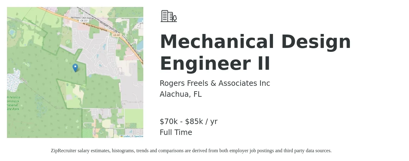 Rogers Freels & Associates Inc job posting for a Mechanical Design Engineer II in Alachua, FL with a salary of $70,000 to $85,000 Yearly with a map of Alachua location.
