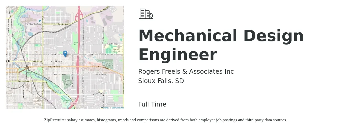Rogers Freels & Associates Inc job posting for a Mechanical Design Engineer in Sioux Falls, SD with a salary of $75,600 to $102,500 Yearly with a map of Sioux Falls location.