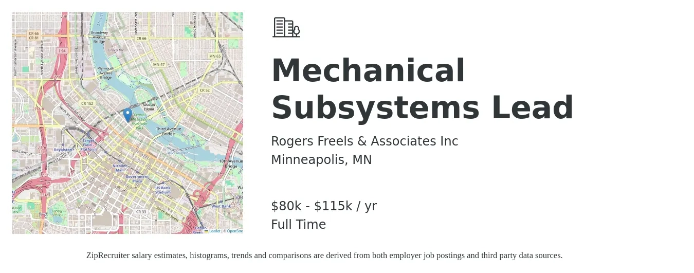 Rogers Freels & Associates Inc job posting for a Mechanical Subsystems Lead in Minneapolis, MN with a salary of $115,400 to $139,400 Yearly with a map of Minneapolis location.