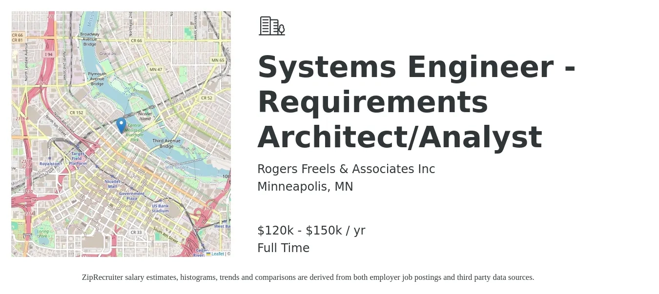 Rogers Freels & Associates Inc job posting for a Systems Engineer - Requirements Architect/Analyst in Minneapolis, MN with a salary of $111,200 to $119,000 Yearly with a map of Minneapolis location.