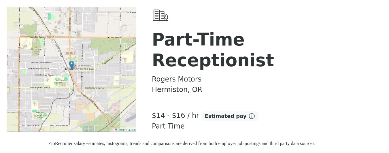 Rogers Motors job posting for a Part-Time Receptionist in Hermiston, OR with a salary of $15 to $17 Hourly with a map of Hermiston location.