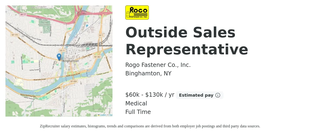 Rogo Fastener Co., Inc. job posting for a Outside Sales Representative in Binghamton, NY with a salary of $60,000 to $130,000 Yearly (plus commission) and benefits including medical, pto, and retirement with a map of Binghamton location.