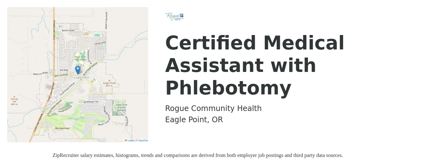 Rogue Community Health job posting for a Certified Medical Assistant with Phlebotomy in Eagle Point, OR with a salary of $17 to $22 Hourly with a map of Eagle Point location.
