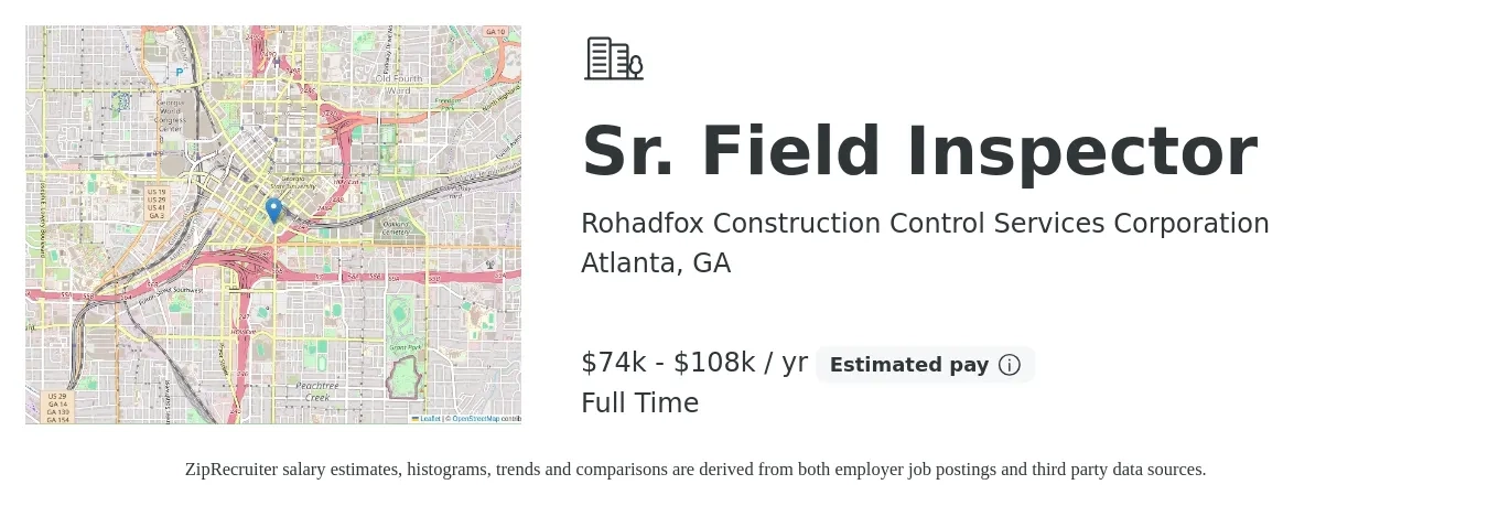 Rohadfox Construction Control Services Corporation job posting for a Sr. Field Inspector in Atlanta, GA with a salary of $74,880 to $108,000 Yearly with a map of Atlanta location.