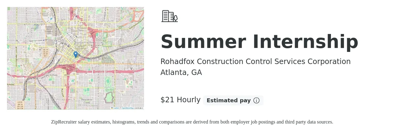 Rohadfox Construction Control Services Corporation job posting for a Summer Internship in Atlanta, GA with a salary of $22 Hourly with a map of Atlanta location.