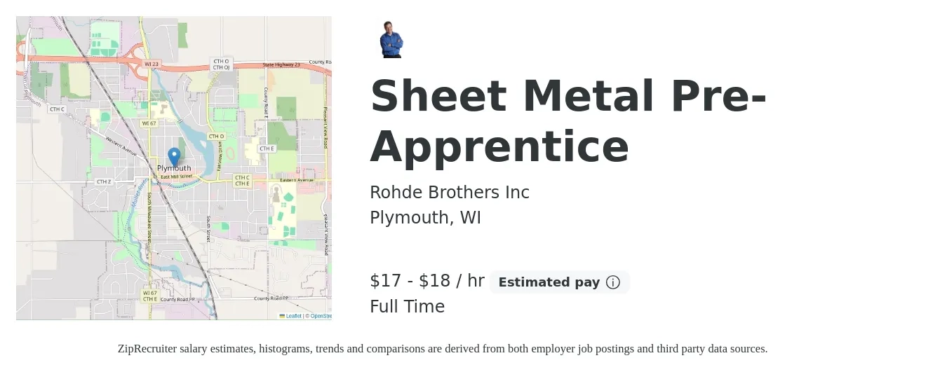 Rohde Brothers Inc job posting for a Sheet Metal Pre-Apprentice in Plymouth, WI with a salary of $18 to $19 Hourly with a map of Plymouth location.