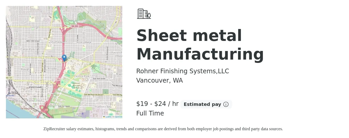 Rohner Finishing Systems,LLC job posting for a Sheet metal Manufacturing in Vancouver, WA with a salary of $20 to $25 Hourly with a map of Vancouver location.