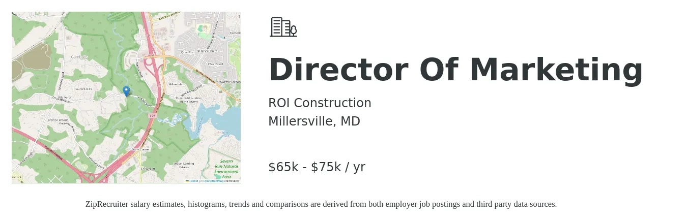 ROI Construction job posting for a Director Of Marketing in Millersville, MD with a salary of $65,000 to $75,000 Yearly with a map of Millersville location.
