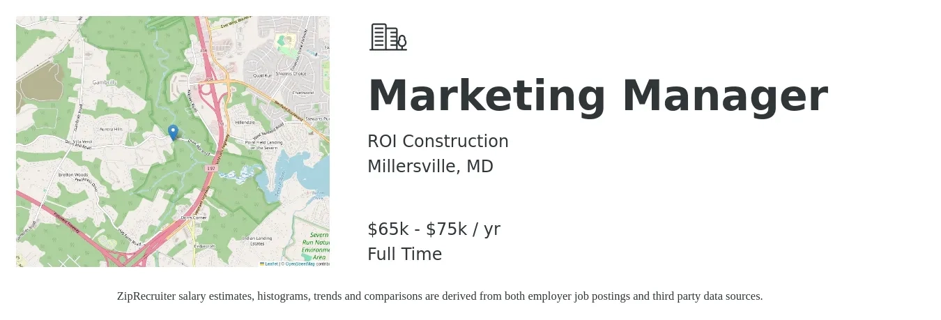 ROI Construction job posting for a Marketing Manager in Millersville, MD with a salary of $65,000 to $75,000 Yearly with a map of Millersville location.
