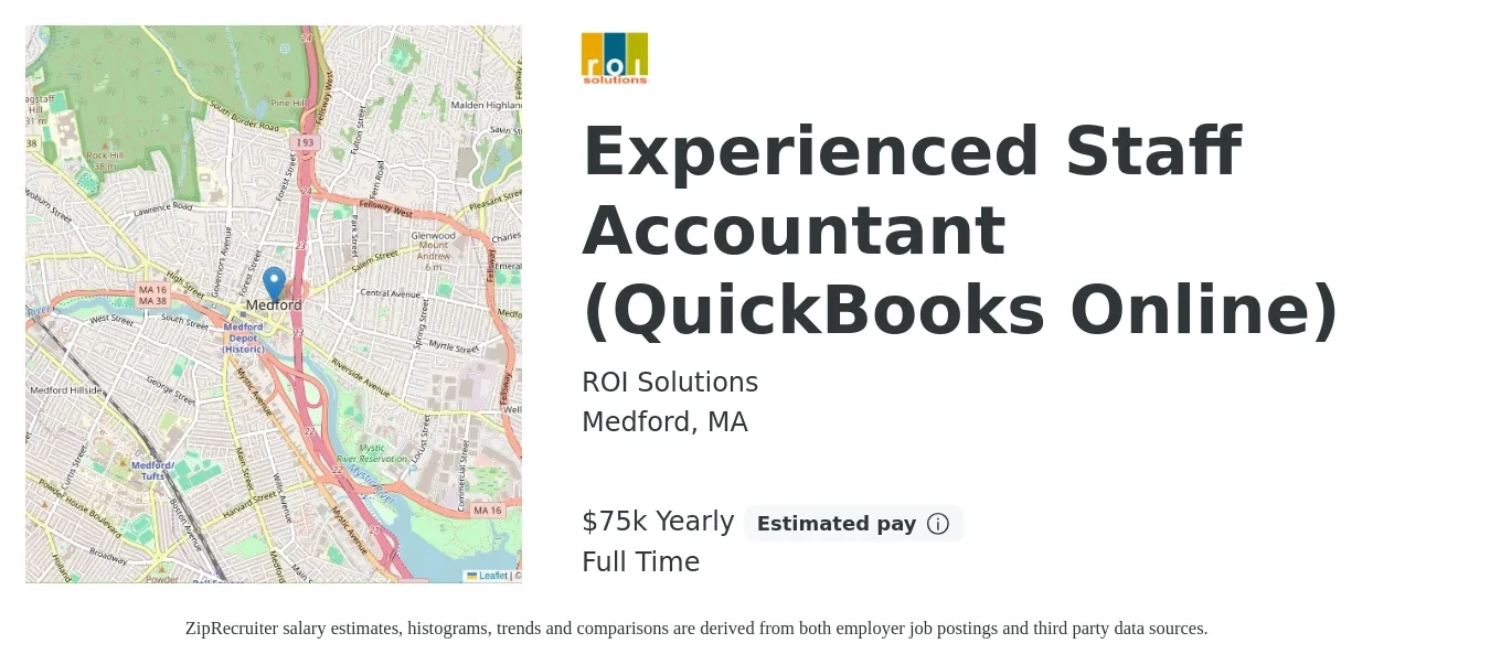 ROI Solutions job posting for a Experienced Staff Accountant (QuickBooks Online) in Medford, MA with a salary of $75,000 Yearly with a map of Medford location.