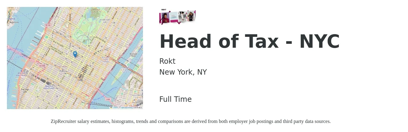 Rokt job posting for a Head of Tax - NYC in New York, NY with a salary of $210,000 to $235,000 Yearly with a map of New York location.