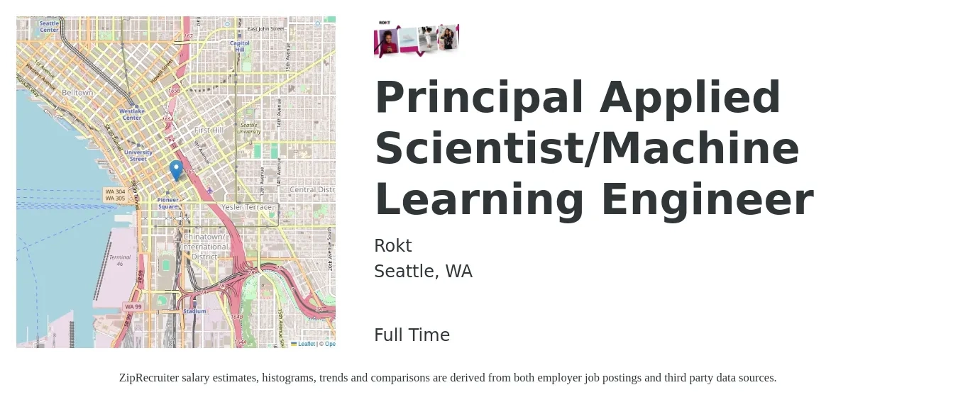 Rokt job posting for a Principal Applied Scientist/Machine Learning Engineer in Seattle, WA with a salary of $260,000 to $300,000 Yearly with a map of Seattle location.