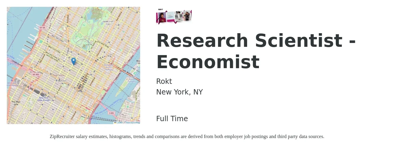 Rokt job posting for a Research Scientist - Economist in New York, NY with a salary of $230,000 to $350,000 Yearly with a map of New York location.