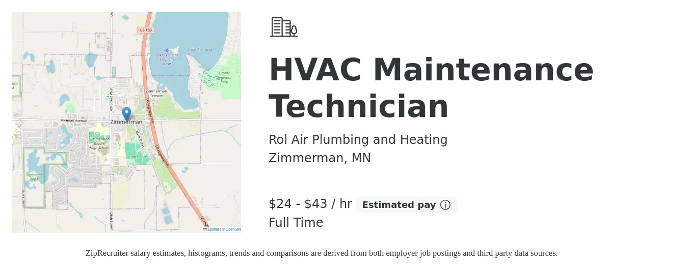 Rol Air Plumbing and Heating job posting for a HVAC Maintenance Technician in Zimmerman, MN with a salary of $25 to $45 Hourly with a map of Zimmerman location.